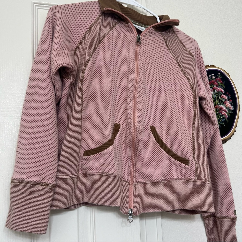 Columbia vintage blush pink brown polka dots zipup jacket sweatshirt outdoors